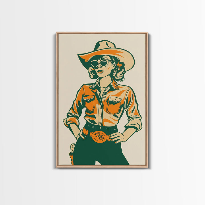 Stylish Retro Cowgirl in Sunglasses Illustration | Framed Canvas Print | Vintage Western Decor | Classic Cowgirl Wall Art for Home