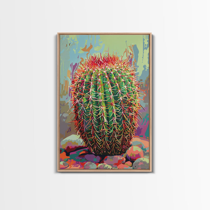 Bold Barrel Cactus Art with Red Spines - Framed Canvas Print, Vibrant Desert Decor, Living Room Art, Cactus Wall Art for Home