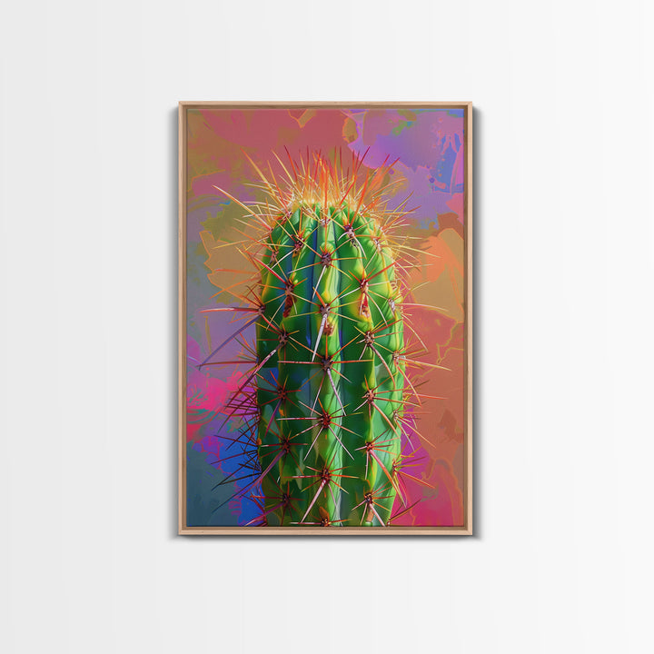 Green Cactus with Orange Spines on Colorful Background - Framed Canvas Print, Bright Desert Decor, Bedroom Art, Cactus Wall Art