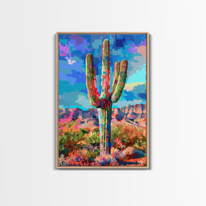 Majestic Saguaro Cactus in Colorful Desert Landscape - Framed Canvas Print, Vibrant Southwest Decor, Living Room Art, Cactus Wall Art