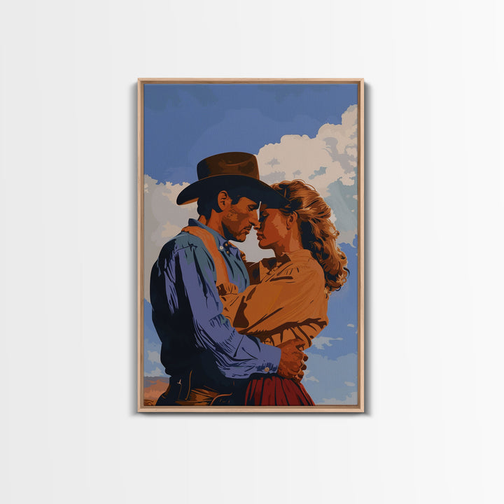 Classic Western Love Scene Under Blue Sky - Framed Canvas Print, Rustic Cowboy Decor, Living Room Art, Romantic Wall Art for Home