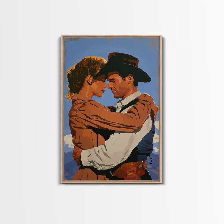 Intimate Western Couple Embracing - Framed Canvas Print, Vintage Western Decor, Bedroom Art, Romantic Wall Art for Home