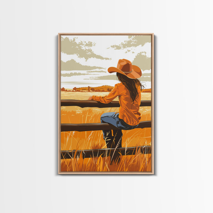 Contemplative Cowgirl on Fence Framed Canvas Print - Serene Western Decor, Country Wall Art for Living Room, Bedroom Artwork