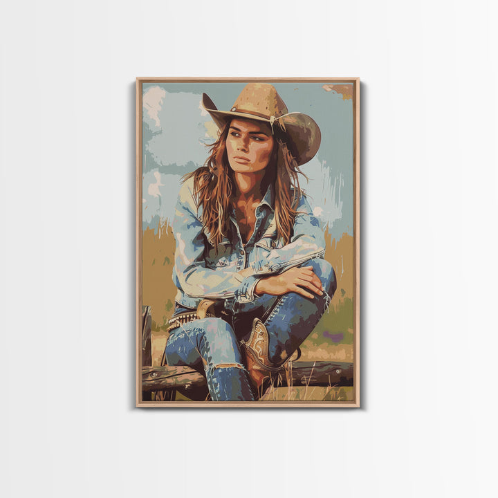 Thoughtful Cowgirl in Denim Framed Canvas Print - Rustic Western Decor, Vintage Wall Art for Living Room, Bedroom Artwork