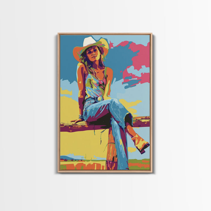 Colorful Cowgirl Portrait Framed Canvas Print - Bright Western Decor, Pop Art Wall Art for Living Room, Bedroom