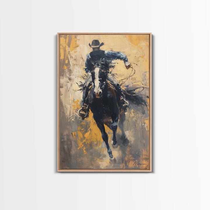 Intense Cowboy Riding Fast Framed Canvas Print - High-Energy Western Decor, Exciting Wall Art for Living Room, Bedroom