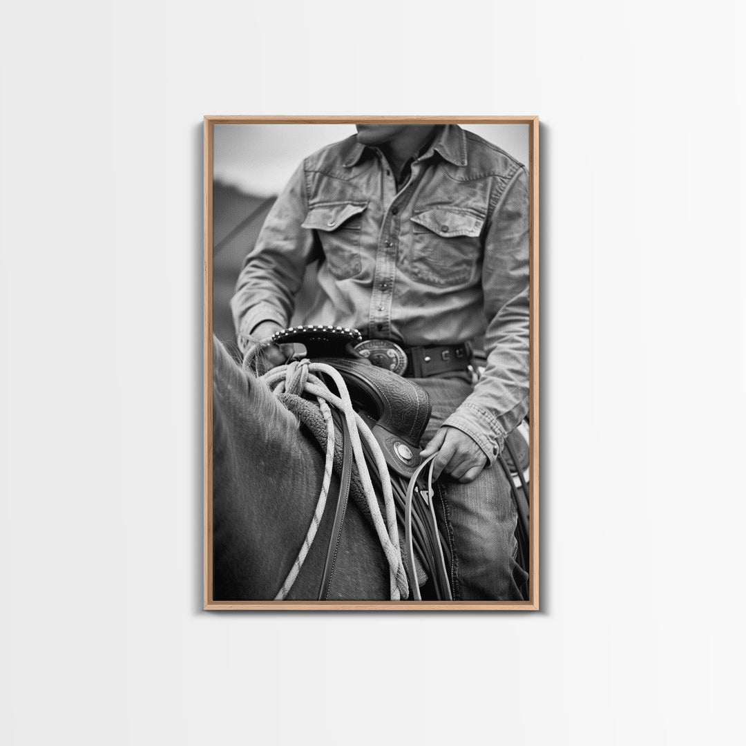 Close-up of cowboy hands holding reins, detailed Western art, black and white photography, Framed Canvas Print, rustic home decor, wall art