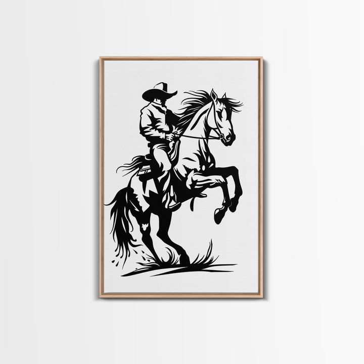 Dynamic Cowboy on Rearing Horse - Framed Canvas Print, Western Wall Art, Rustic Decor, Living Room and Bedroom Art Print