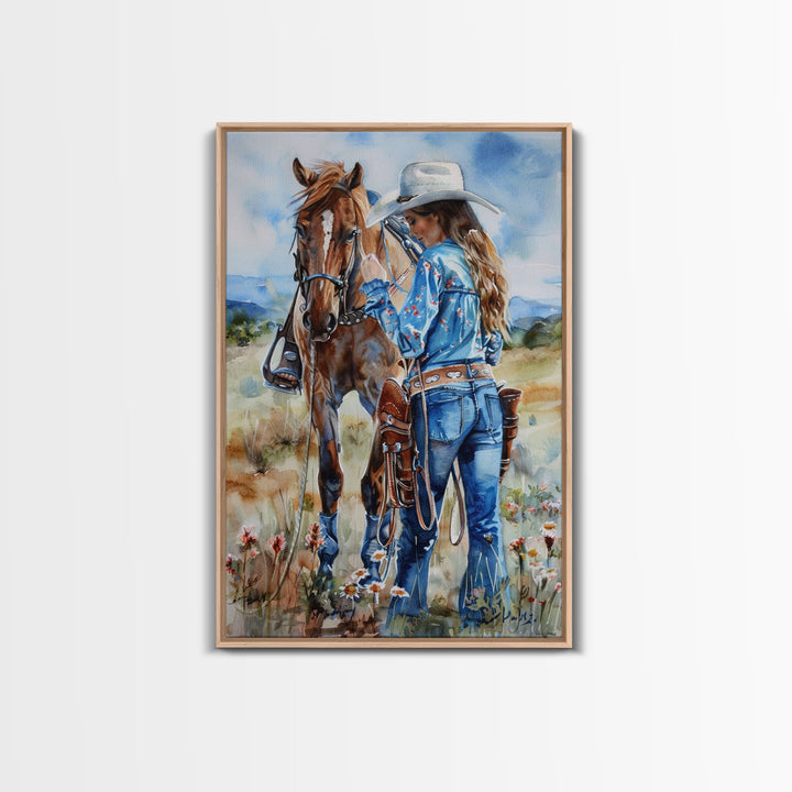 Cowboy on Rearing Horse Silhouette - Framed Canvas Print, Western Wall Art, Rustic Decor, Living Room and Bedroom Art Print