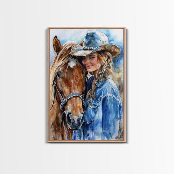 Cowgirl with Horse in Denim Outfit - Framed Canvas Print, Western Wall Art, Rustic Decor, Living Room and Bedroom Art Print