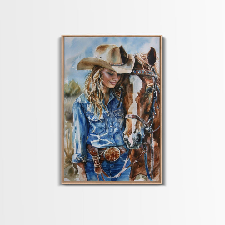 Cowgirl Preparing Horse for Ride - Framed Canvas Print, Western Wall Art, Rustic Decor, Living Room and Bedroom Art Print