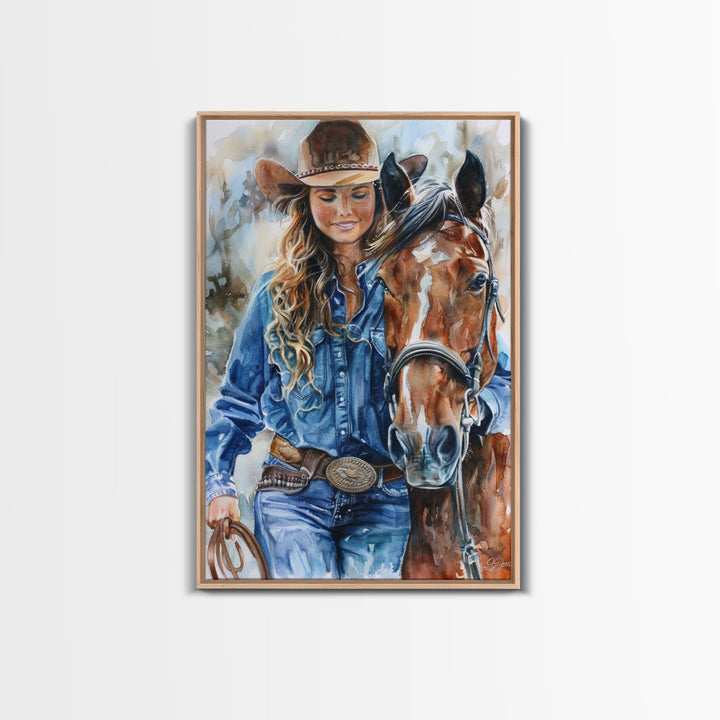 Cowgirl Embracing Horse with Hat - Framed Canvas Print, Western Wall Art, Rustic Decor, Living Room and Bedroom Art Print