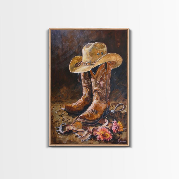 Classic Cowboy Hat and Boots Art - Framed Canvas Print, Rustic Bedroom Decor, Cowboy Themed Wall Art for Home, Western Artwork