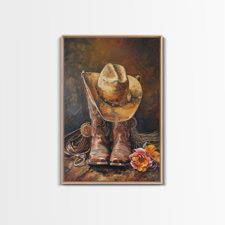 Cowboy Boots and Hat with Flowers Art - Framed Canvas Print, Rustic Wall Decor, Western Bedroom Art, Cowboy Home Decoration