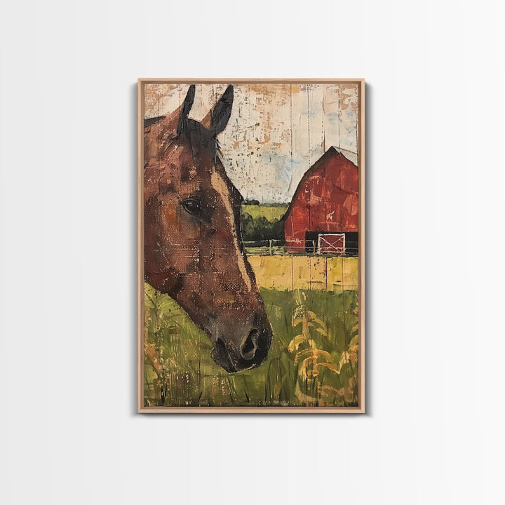 Horse and Barn Rustic Farm Art - Framed Canvas Print, Farmhouse Living Room Decor, Horse Wall Art, Rustic Home Decoration