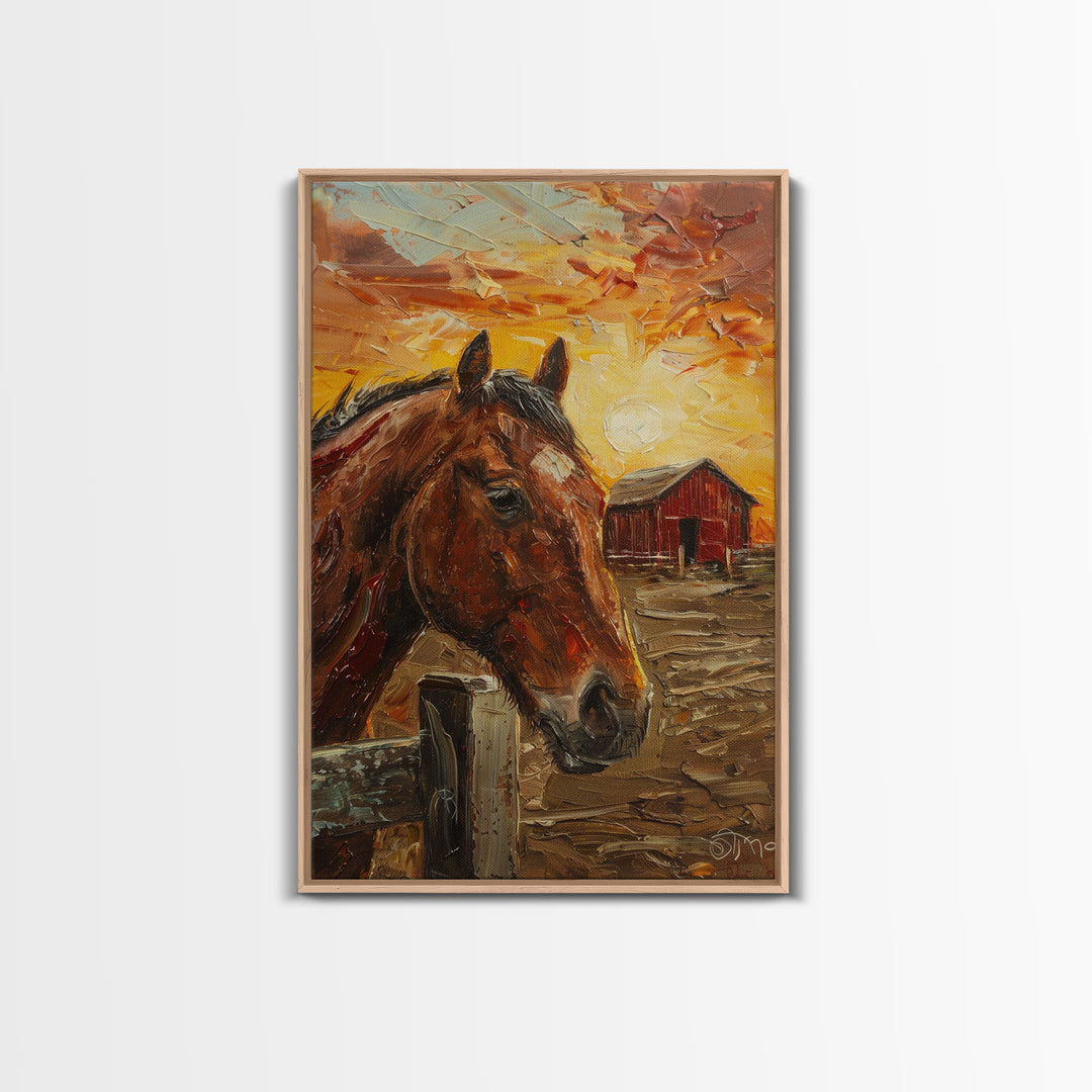 Horse with Red Barn Sunset Art - Framed Canvas Print, Rustic Bedroom Decor, Farmhouse Wall Art, Horse and Barn Home Decoration