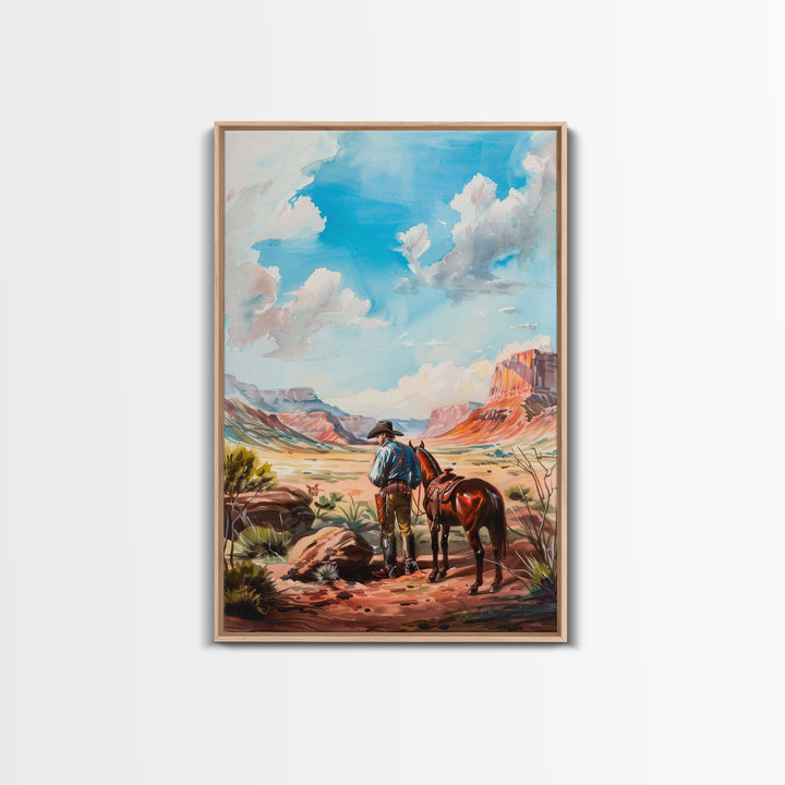 Cowboy and Horse Desert Scene Art - Framed Canvas Print, Western Living Room Decor, Cowboy Wall Art, Desert Home Decoration