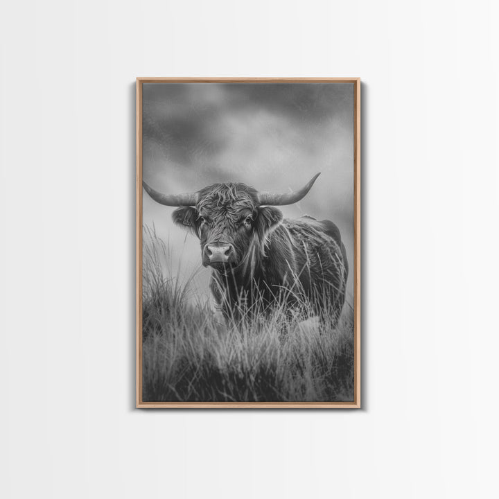 longhorn cow in field, black and white Western decor, rustic home art, Framed Canvas Print, vintage wall art for living room or bedroom