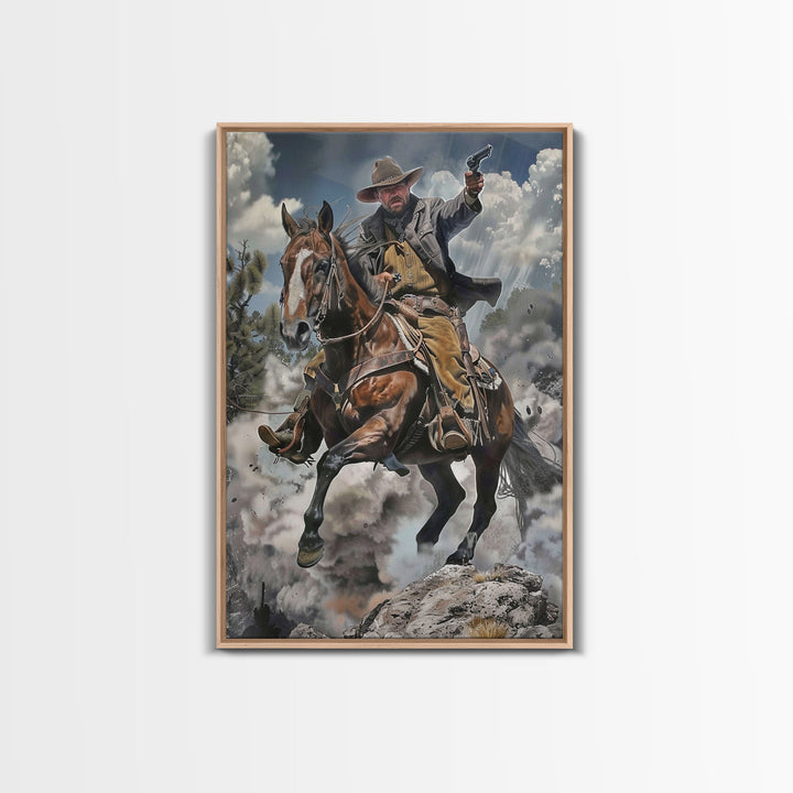 Framed Canvas Print, Cowboy Riding Horse with Gun Wall Art, Western Style Artwork for Living Room or Bedroom Decor, Dynamic Home Art Piece