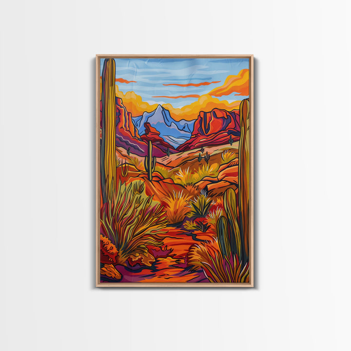 Framed Canvas Print, Desert Landscape with Cacti Wall Art, Colorful Southwest Decor for Living Room or Bedroom, Nature Art Poster Piece