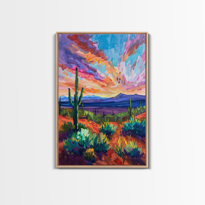 Framed Canvas Print, Cacti and Mountains at Sunset Wall Art, Vibrant Southwest Decor for Living Room or Bedroom, Nature Art Decoration Piece