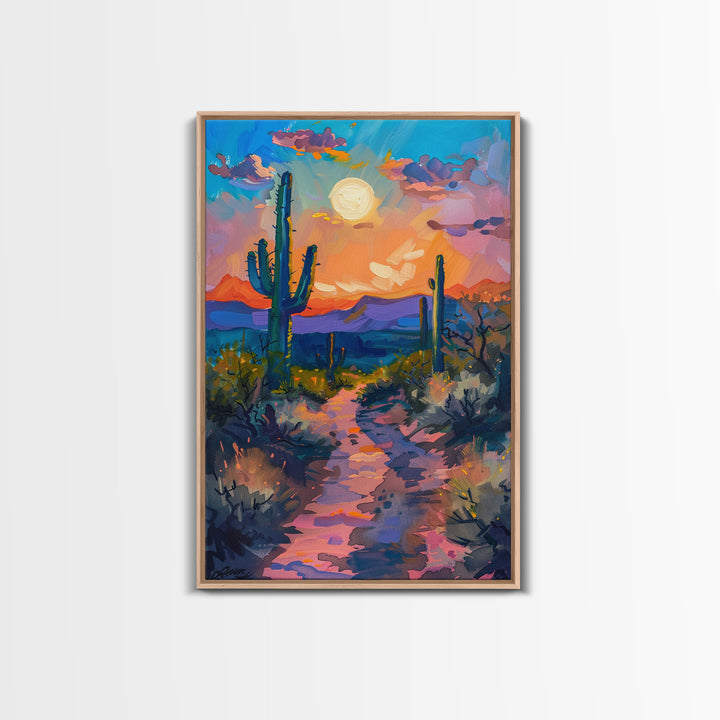 Framed Canvas Print, Colorful Desert Sunset with Cacti Wall Art, Southwest Landscape for Living Room or Bedroom, Vibrant Wall Art Piece