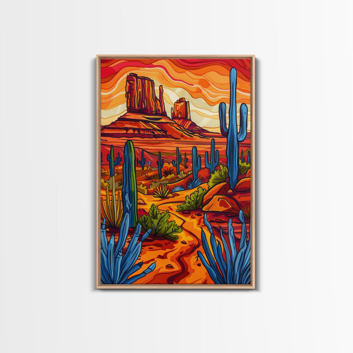 Framed Canvas Print, Vibrant Desert Scene with Cacti and Mesas, Perfect Southwest Wall Art for Living Room or Bedroom Decor