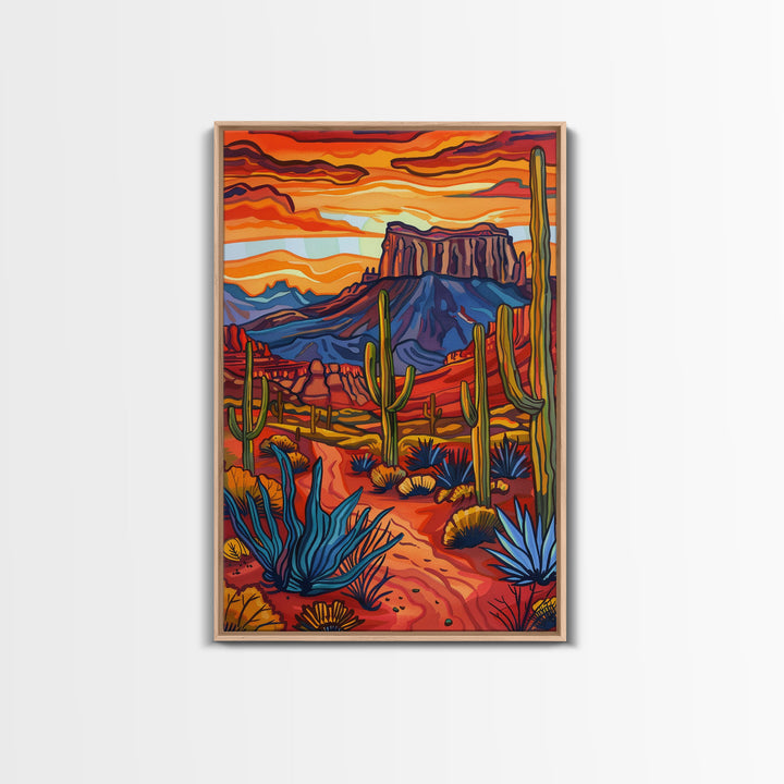 Framed Canvas Print, Bold Desert Landscape with Saguaro Cacti and Mountains, Unique Wall Art for Living Room or Bedroom