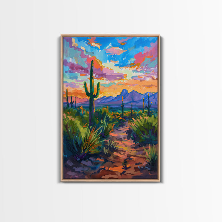 Framed Canvas Print, Sunset Over Desert with Cacti, Stunning Wall Art for Living Room or Bedroom Decor