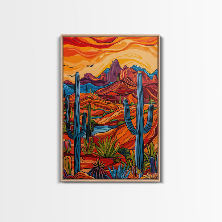 Framed Canvas Print, Bright Desert Landscape with Cacti and Mountains, Perfect Wall Art for Living Room or Bedroom