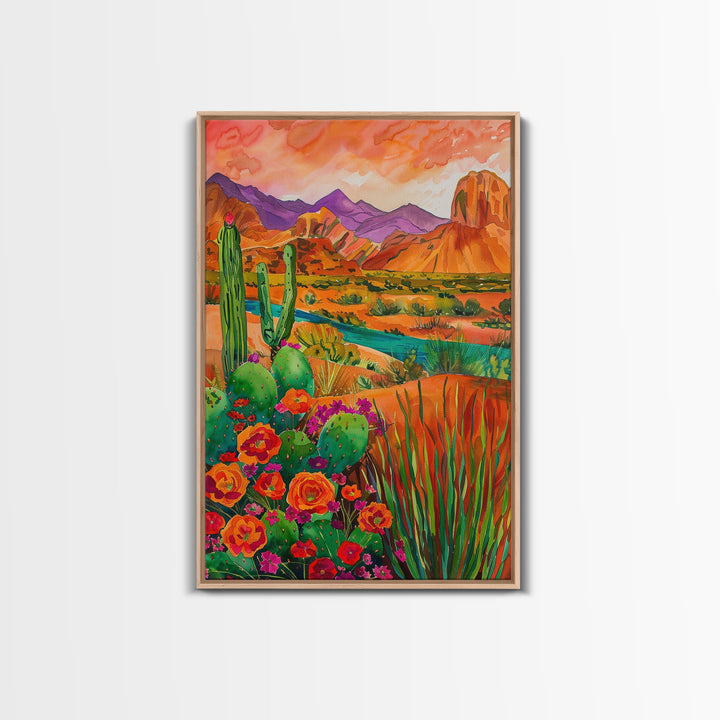 Framed Canvas Print, Colorful Desert Landscape with Blooming Cacti, Beautiful Wall Art for Living Room or Bedroom Decor