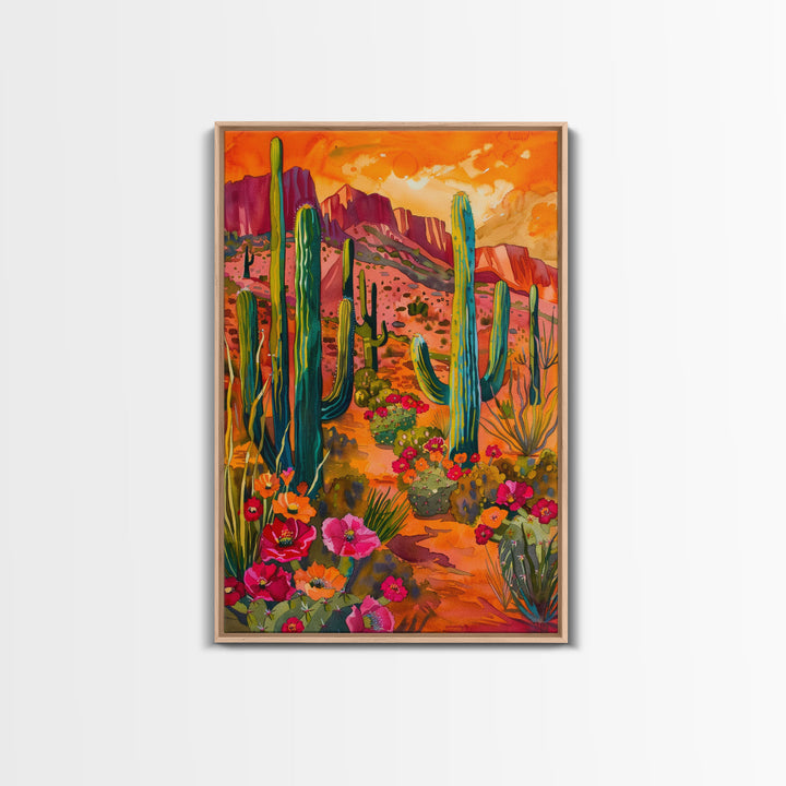 Framed Canvas Print, Vibrant Desert Scene with Saguaro Cacti and Flowers, Unique Wall Art for Living Room or Bedroom