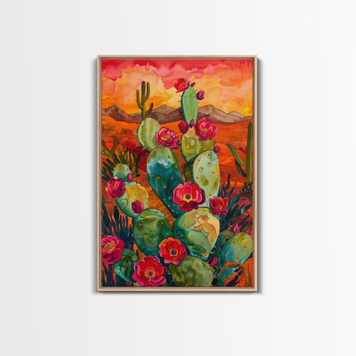 Framed Canvas Print, Blooming Cacti in Desert Sunset, Stunning Wall Art for Living Room or Bedroom Decor