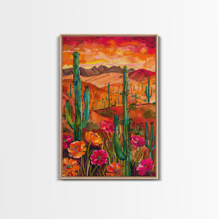 Framed Canvas Print, Vibrant Desert Landscape with Flowers and Cacti, Perfect Wall Art for Living Room or Bedroom Decor