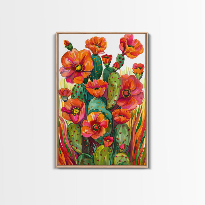 Vibrant Desert Cactus and Flowers, Living Room or Bedroom Wall Art, Framed Canvas Print for Home Decor, Botanical Artwork