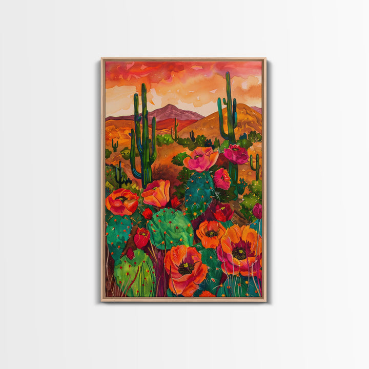 Southwest Desert Landscape with Cacti and Flowers, Colorful Wall Art for Living Room or Bedroom, Framed Canvas Print