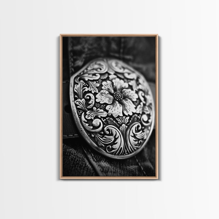 Close-up of Western belt buckle, detailed black and white photography, Framed Canvas Print, rustic home decor, vintage wall art living room