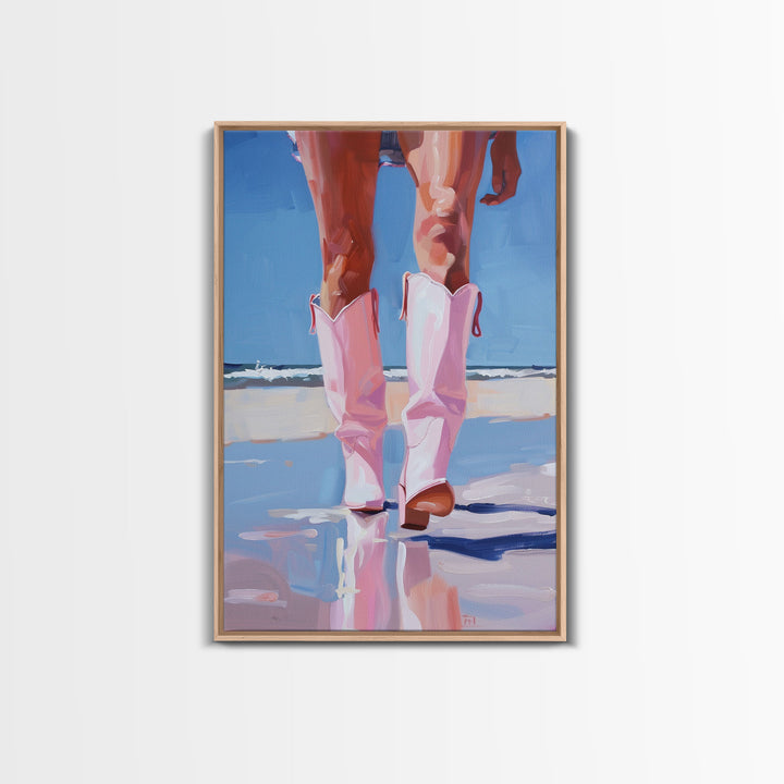 Woman wearing pink cowboy boots standing on the beach, vibrant pop art style Framed Canvas Print - beach fashion, coastal decor, summer art