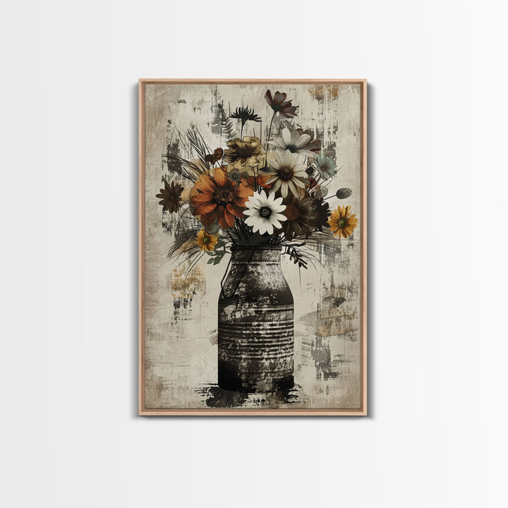 Rustic metal vase filled with autumn flowers on rustic background Framed Canvas Print farmhouse floral rustic decor, vintage flower print