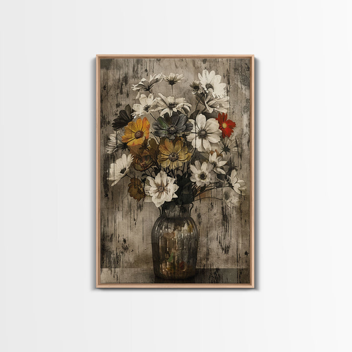 Rustic metal vase with wildflowers on a distressed background Framed Canvas Print - vintage floral art, farmhouse decor, rustic wall art