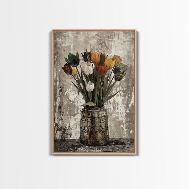 Rustic vase filled with tulips against a distressed background Framed Canvas Print - floral decor, farmhouse wall art, rustic flower print