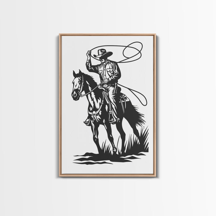 Cowboy Roping Horse Art Print, Western Silhouette Framed Canvas, Vintage Rodeo Cowboy Artwork, Rustic Western Home Decor