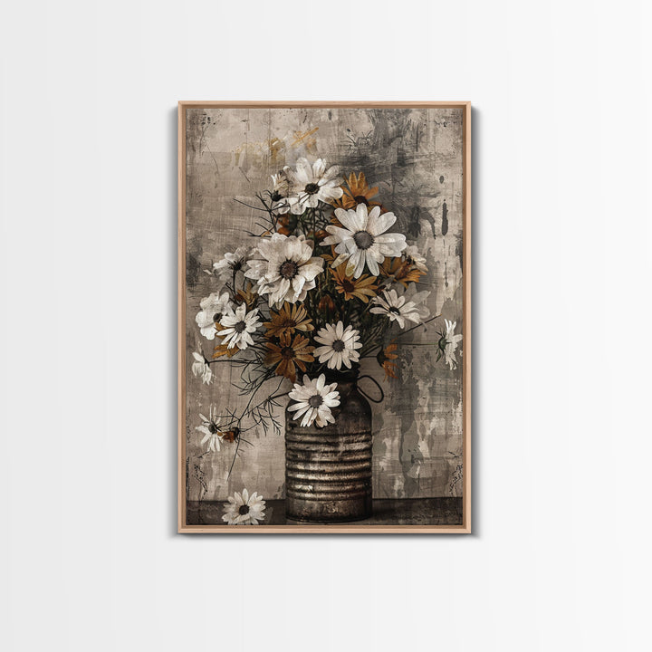 Rustic metal vase with daisies against a distressed background Framed Canvas Print - floral art, farmhouse decor, rustic wall art