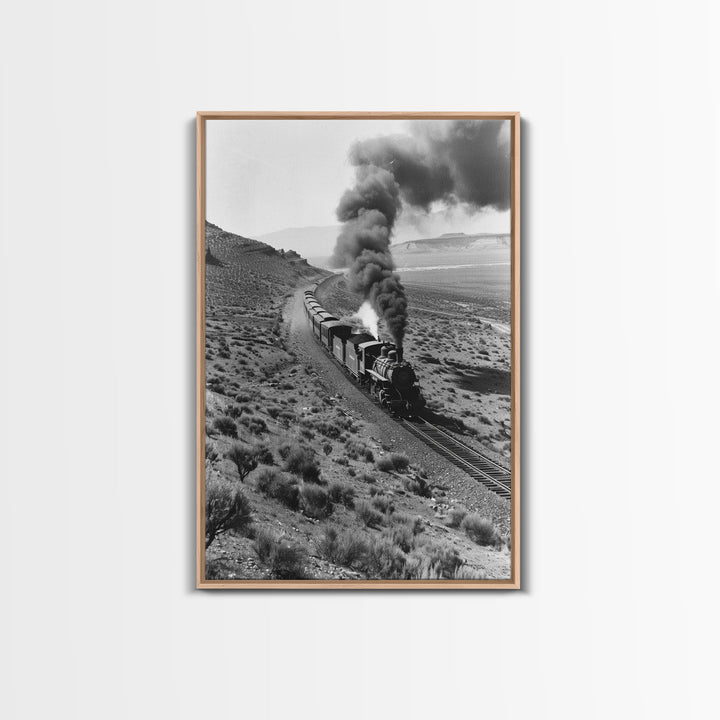 Train Journey Through the Desert Black and White Photography - Framed Canvas Print, Railroad Art, Rustic Train Wall Art Decor