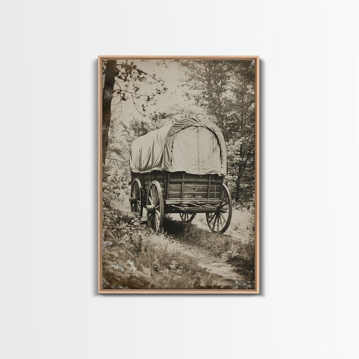 Pioneer Wagon in the Woods - Antique Canvas Print, Rustic Western Wall Art, Vintage Wagon Decor, Historical Art for Living Room