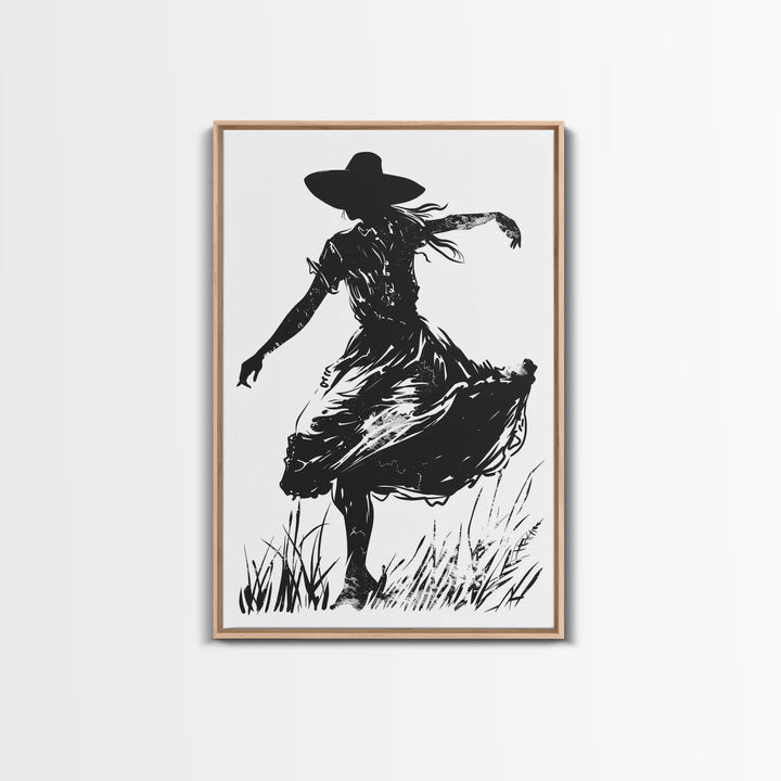 Country Girl Silhouette Art Print, Framed Canvas Western Decor, Vintage Cowgirl Artwork, Rustic Southwest Wall Art for Home