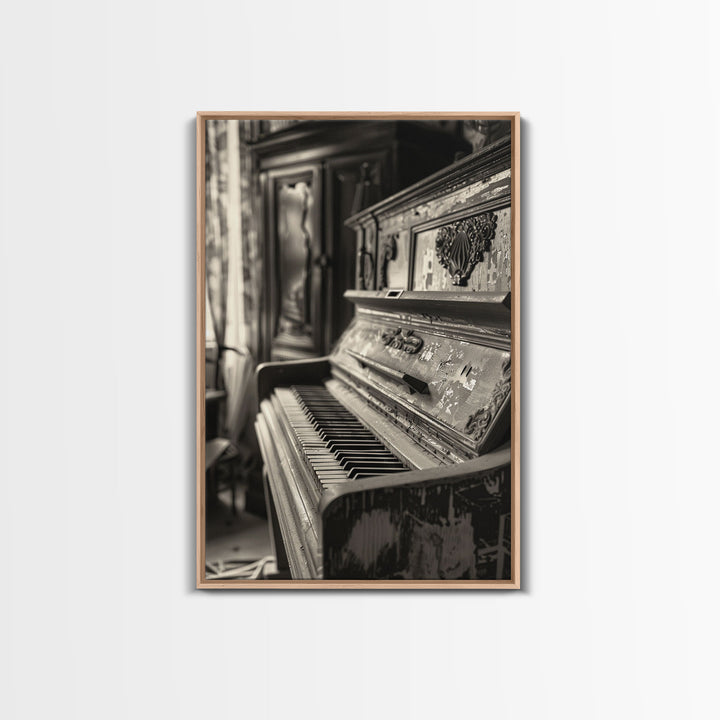 Vintage Rustic Piano Sepia Print - Framed Canvas Wall Art, Antique Music Decor for Living Room, Historical Piano Artwork for Home