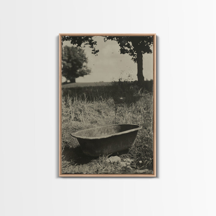 Vintage Farm Bathtub Sepia Print - Framed Canvas Wall Art, Rustic Country Decor, Antique Bathtub Artwork for Living Room, Farmhouse Art