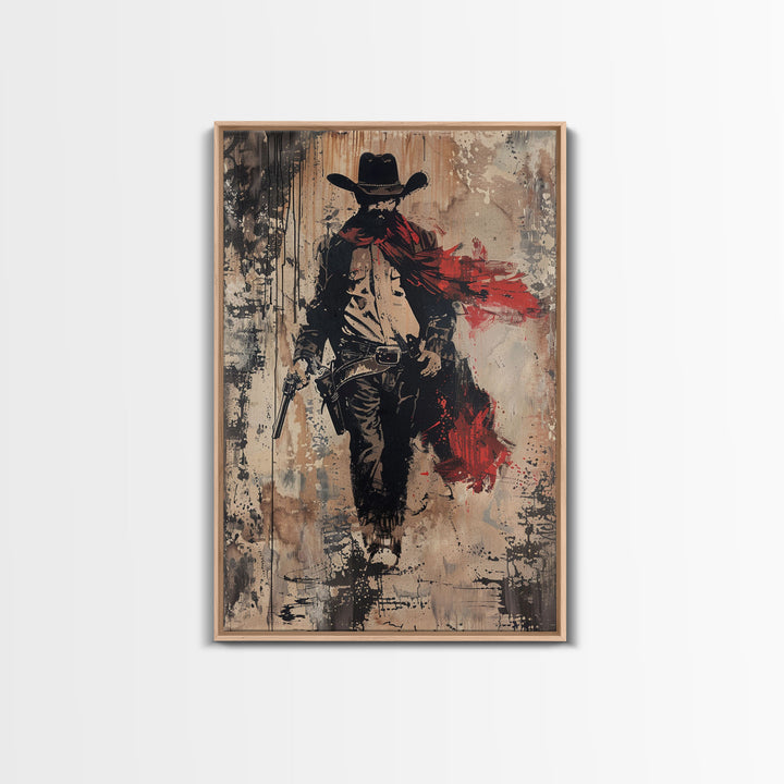 Cowboy with Red Scarf Art Print - Framed Canvas Western Wall Art, Rustic Cowboy Decor for Living Room, Vintage Western Artwork, Cowboy Art