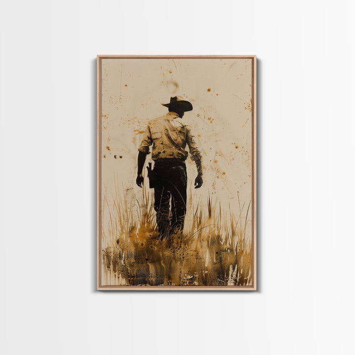 Cowboy Walking in the Field Print - Framed Canvas Wall Art, Rustic Western Decor, Cowboy Artwork for Living Room, Vintage Art, Rustic Decor